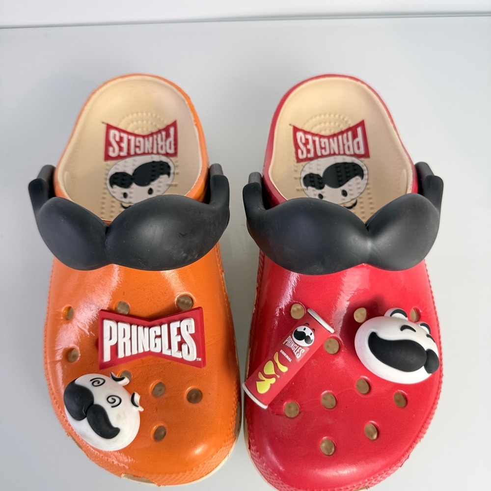 Crocs Pringles Classic Clogs Mens 4 Womens 6 Red Orange Mismatched Mustache